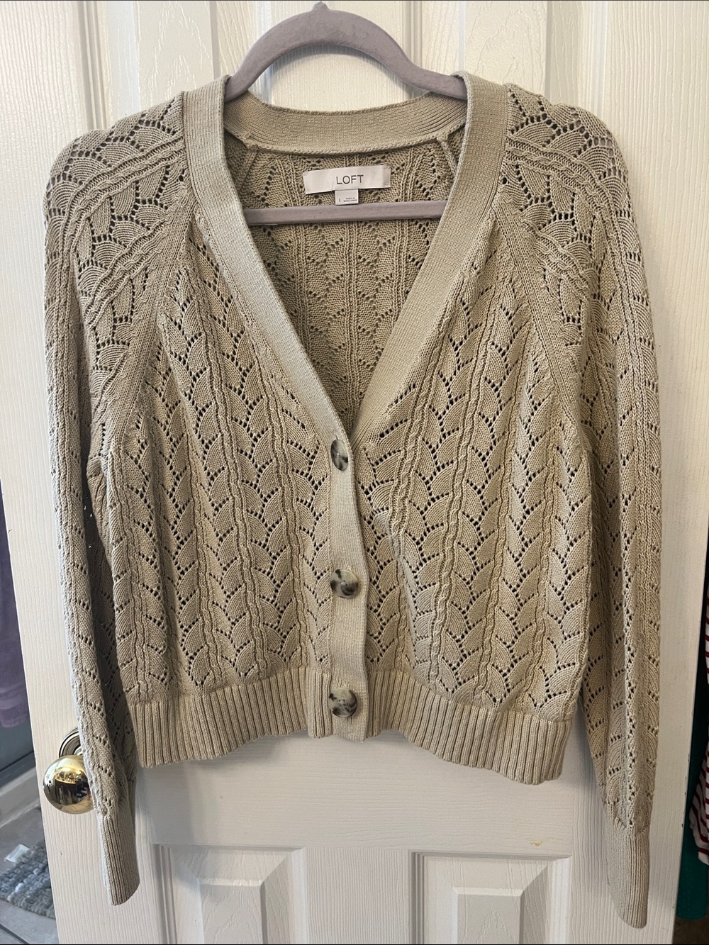 LOFT Beige Openwork V-Neck Button Cardigan